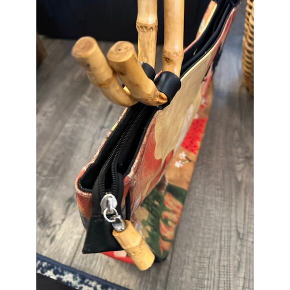 Chico's Women's Bamboo Handles White Cat Beaded Tote Handbag - Picture 3 of 9